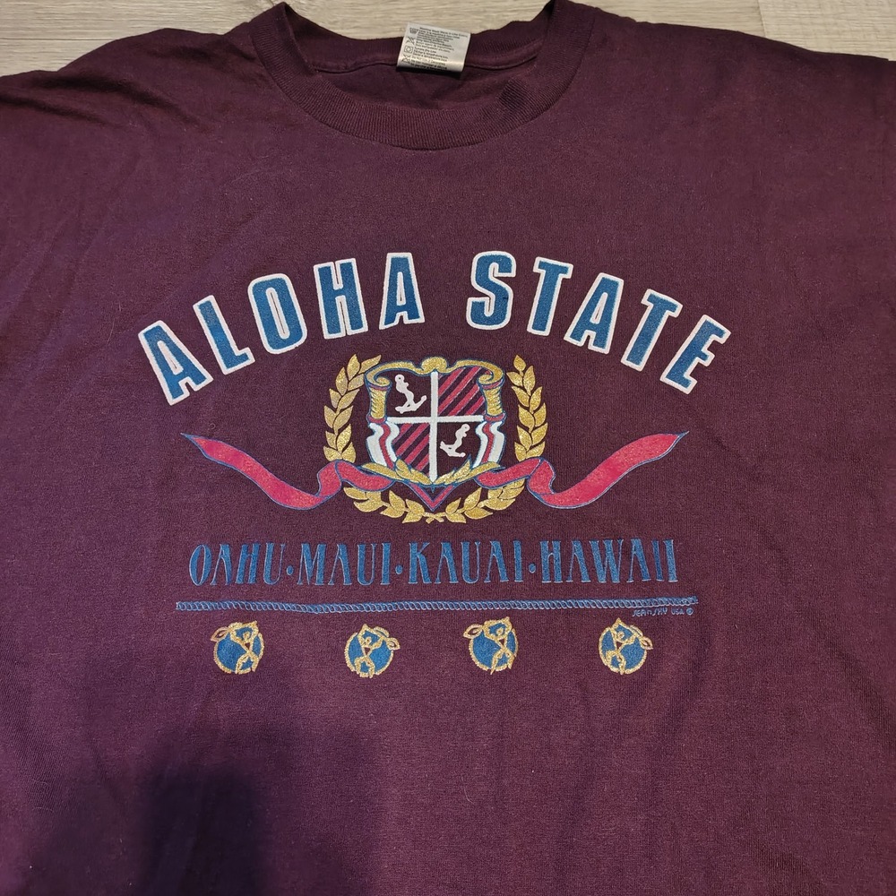 Vintage Oneita Aloha State Hawaii T Shirt Maroon Single Stitch XL‎ Mens 90s
